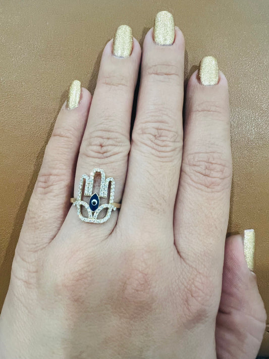 Anillo De Manito De Fátima Y Ojito Azul 10K