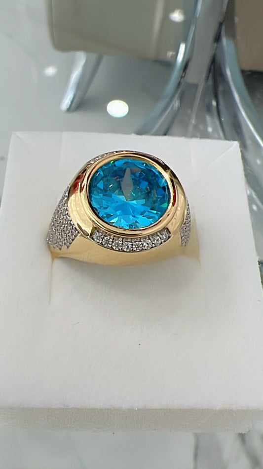 Anillo De Hombre De Piedra Azul 14K