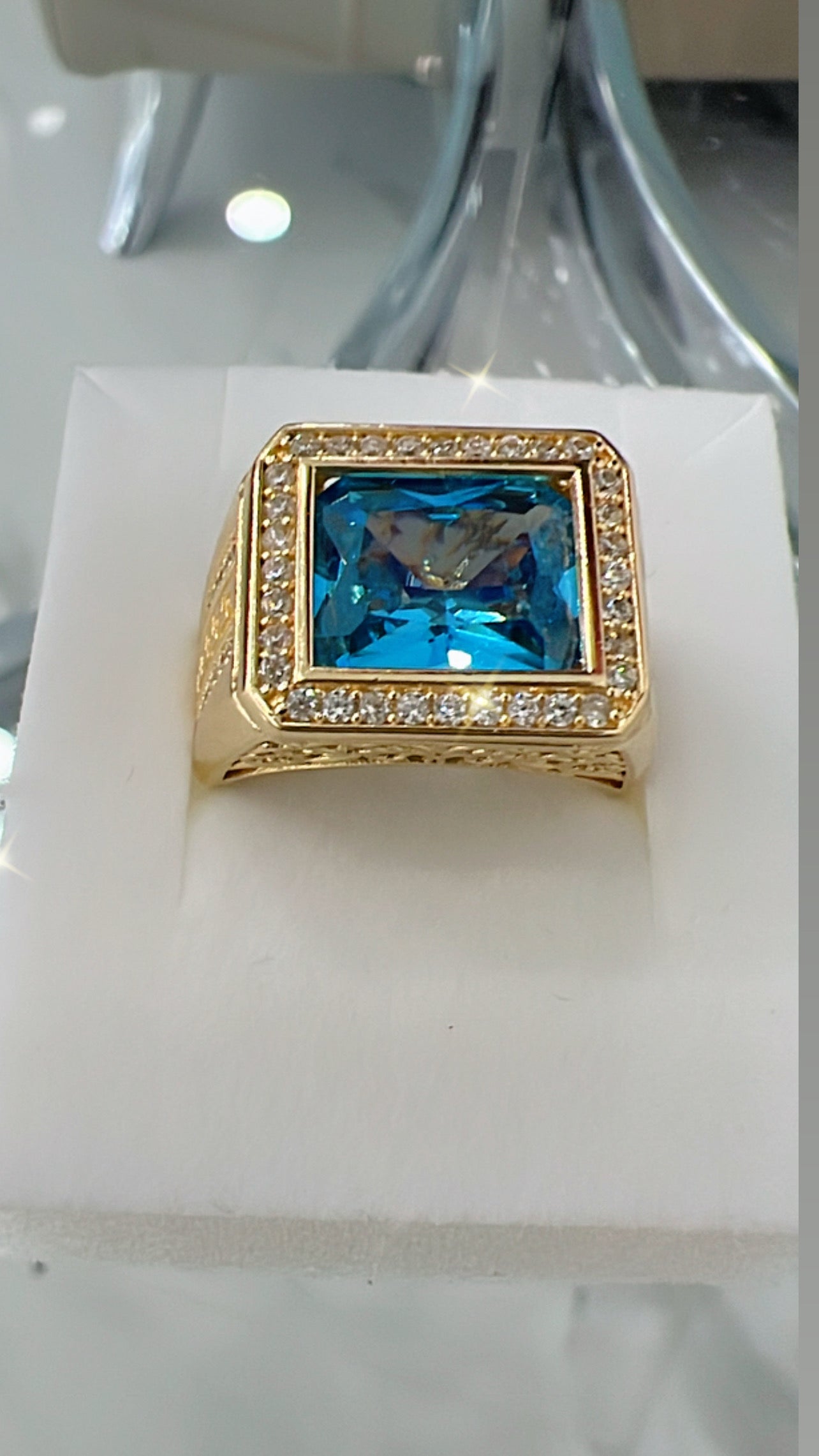 Anillo De Hombre De Piedra Rectangular Azul 14K