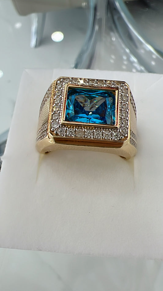 Anillo De Hombre De Piedra Azul 14K