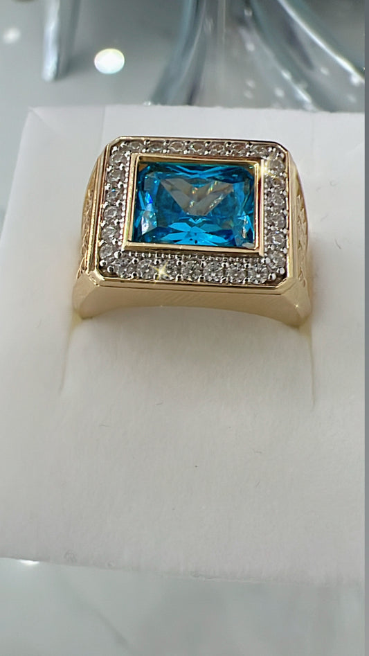 Anillo De Hombre De Piedra Azul 14K