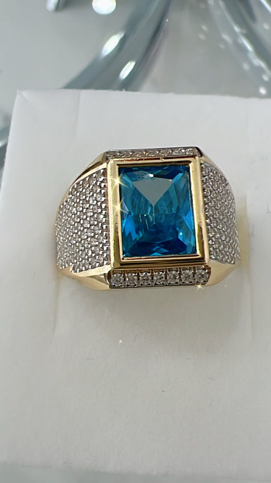 Anillo De Hombre De Piedra Azul 14K