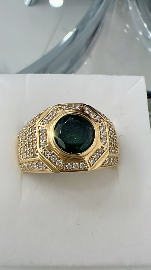 Anillo De Hombre De Piedra Verde 14K