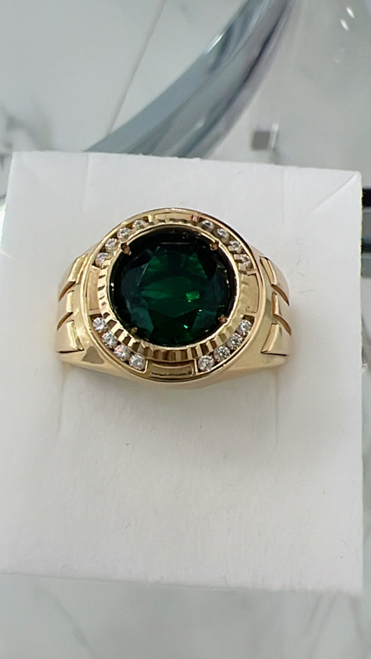 Anillo De Hombre De Piedra Verde 14K