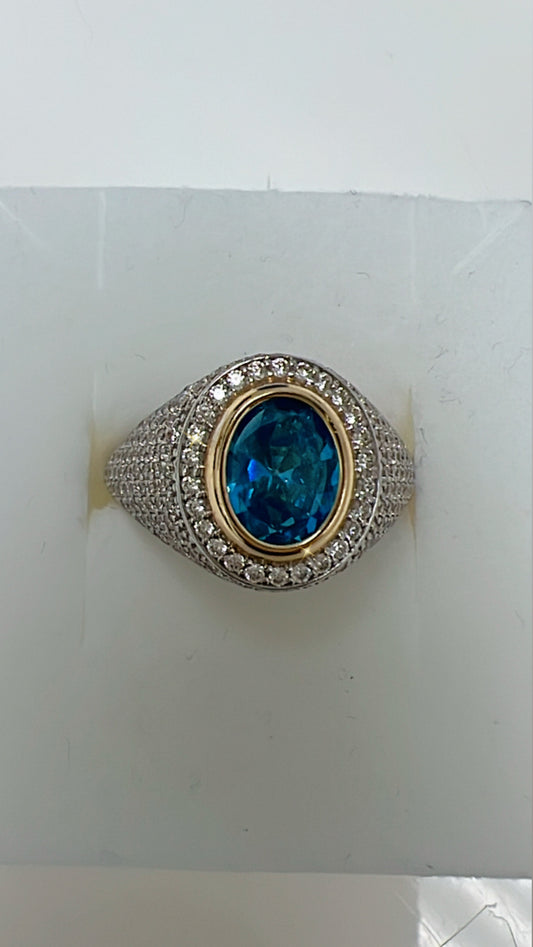 Anillo De Hombre De Piedra Azul 14K