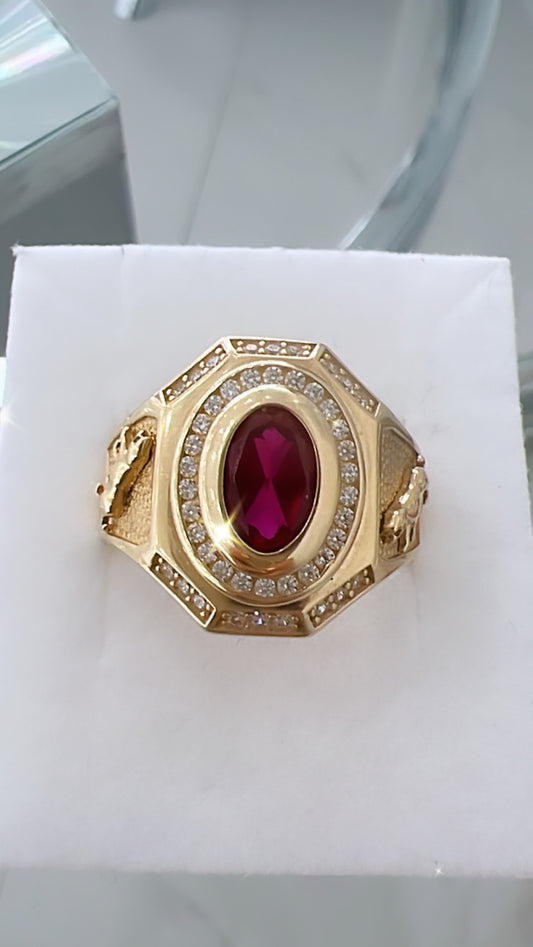 Anillo De Hombre De Piedra Roja Con Panteras 10K