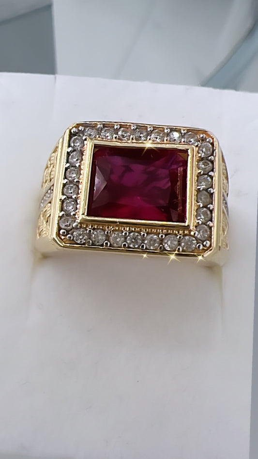 Anillo De Hombre De Piedra Roja 14K