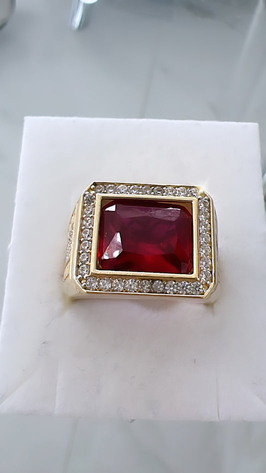 Anillo De Hombre De Piedra Roja 14K